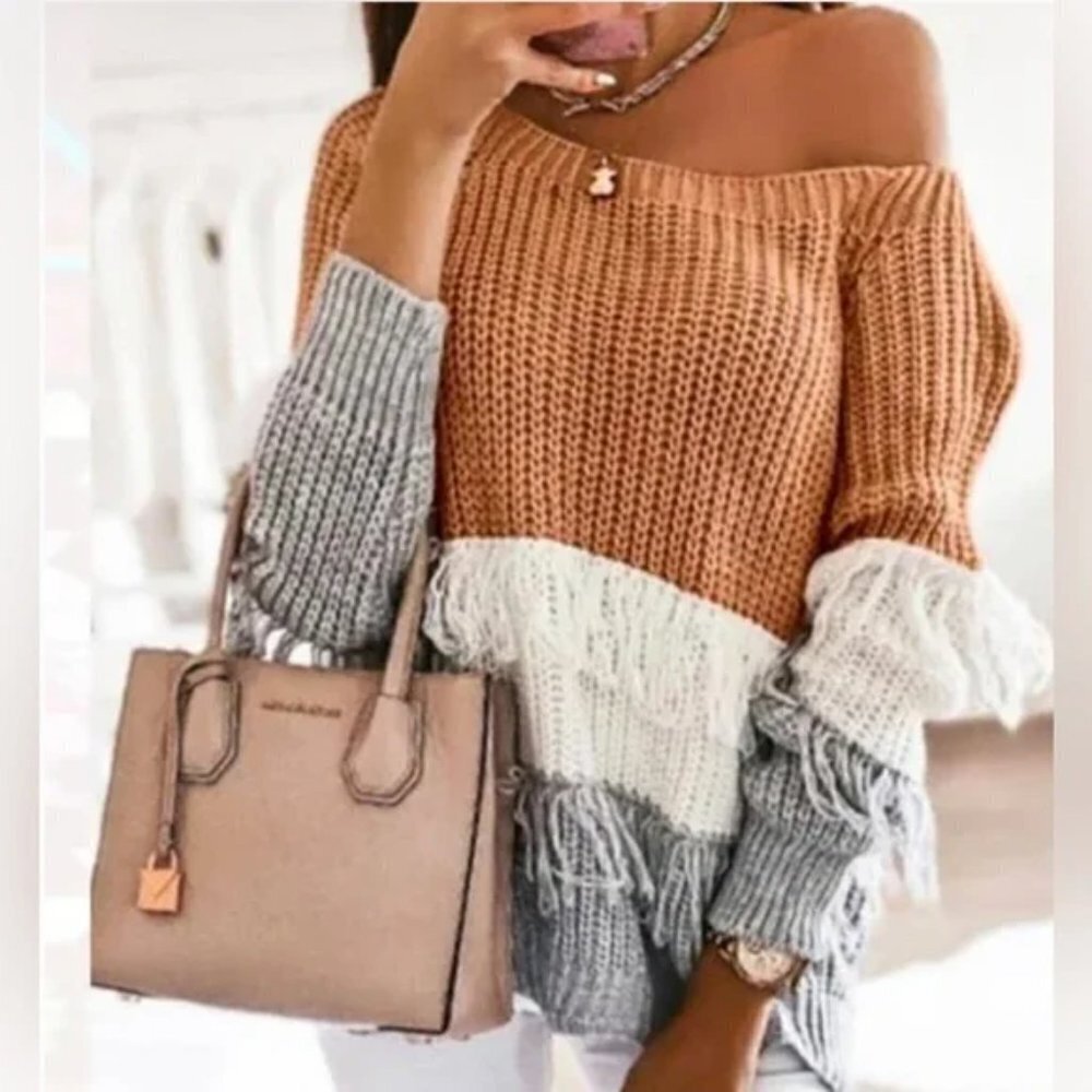 Mazik Fringe Sweater Striped Knit Round Neck Tassel Colorblock Womens Size S